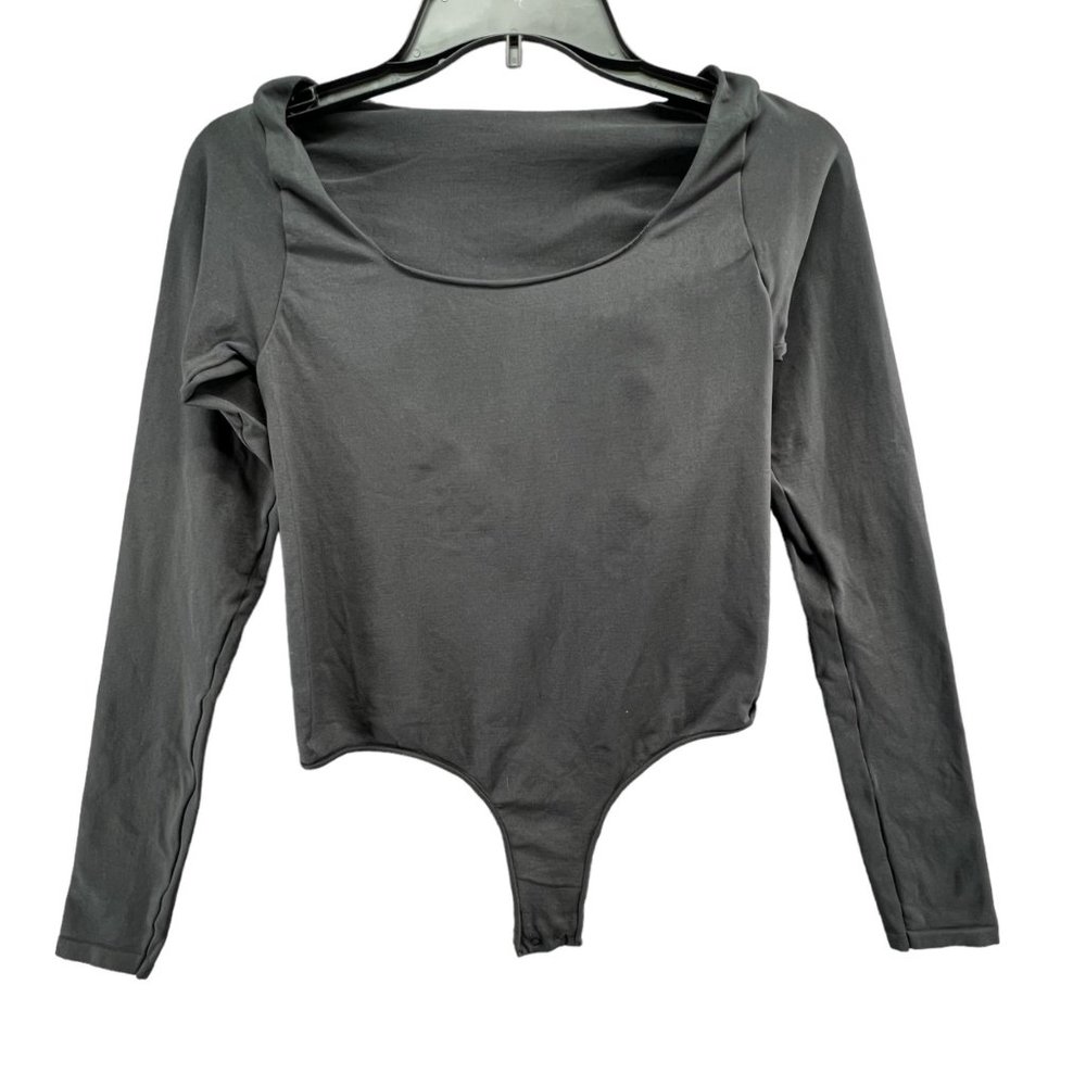 Skims Essential Long Sleeve Scoop Neck Bodysuit Black Womens Size L/XL